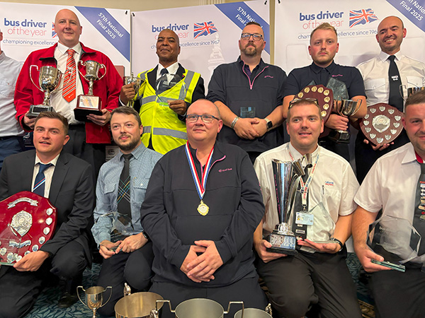 UK Bus Driver of the Year 2025 Michael Leech (centre) among other winners